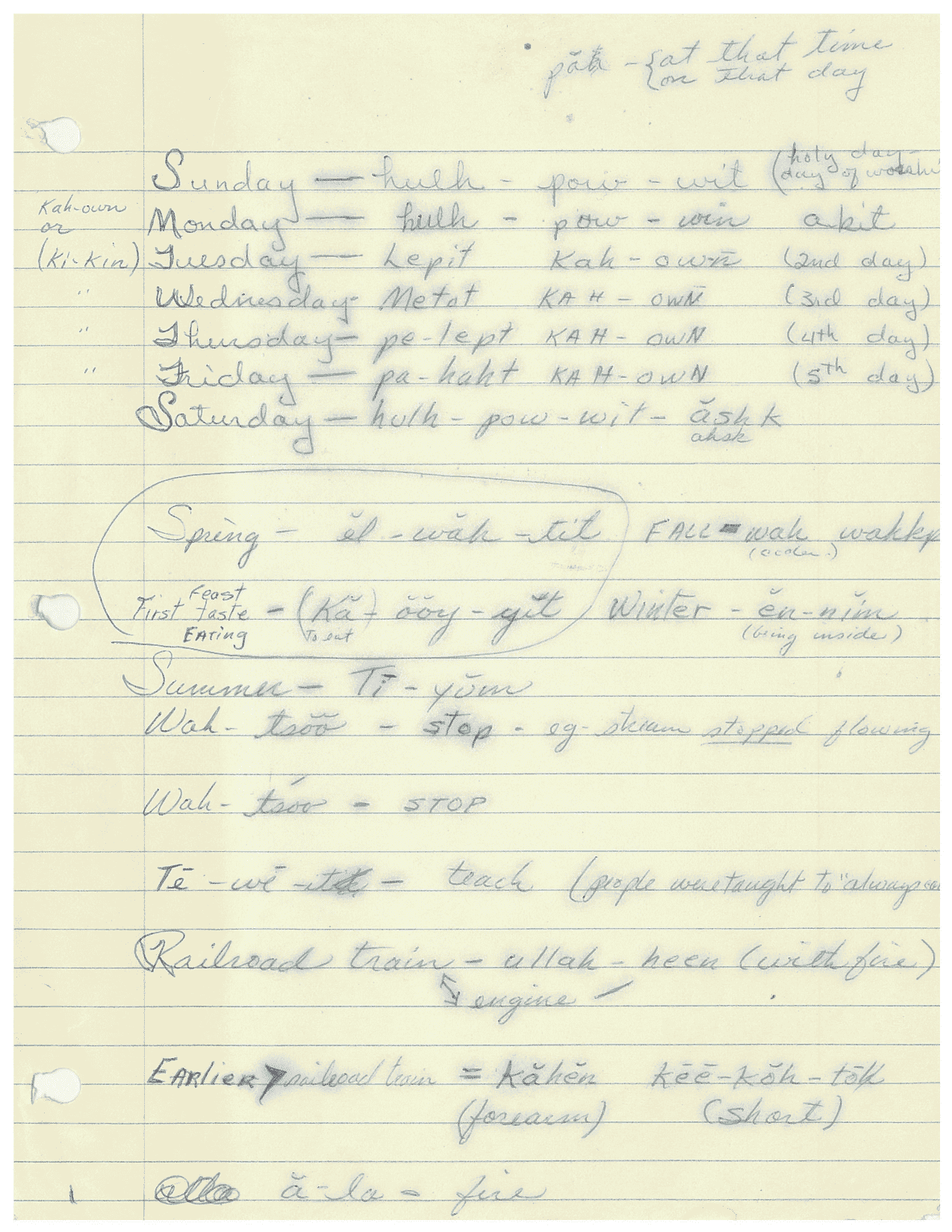 Handwritten vocabulary page with days of the week, seasons, and miscellaneous words in Nez Perce