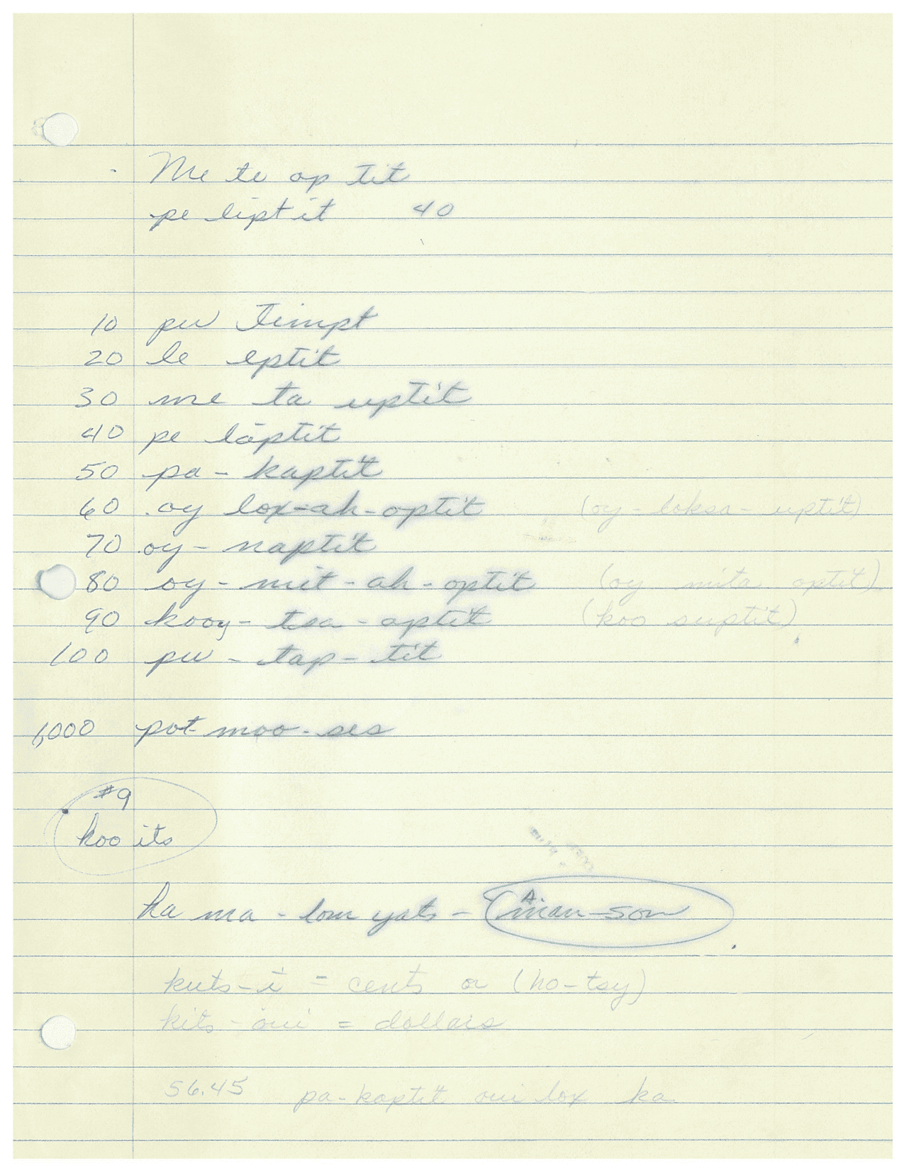 Handwritten vocabulary page with numbers, counting in tens, and money terms in Nez Perce